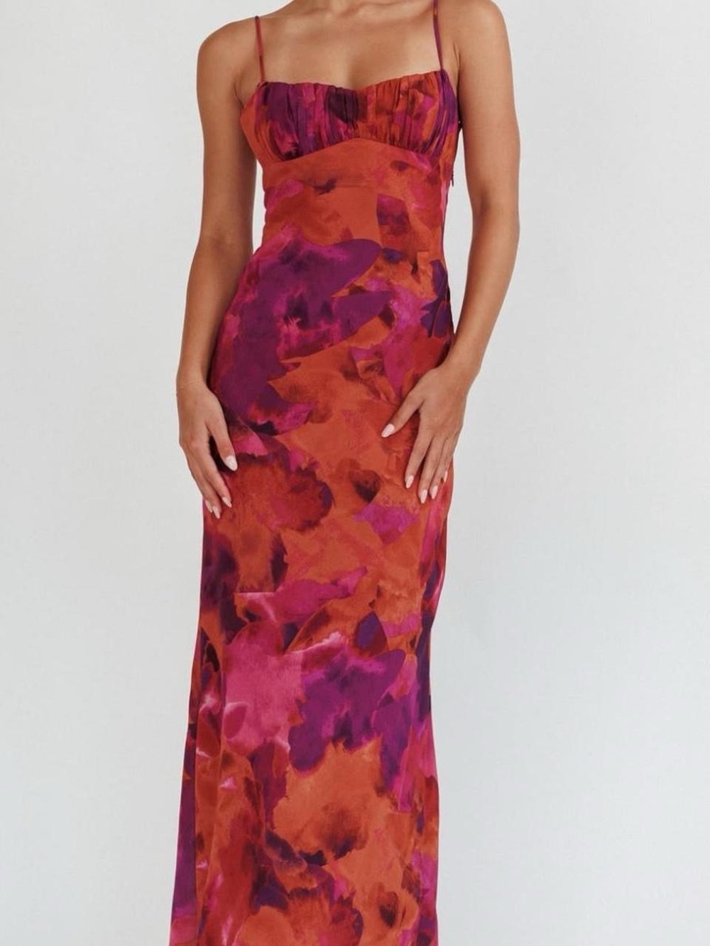Selfie Leslie Satin Maxi Slip Dress in Rust & Magenta Watercolor